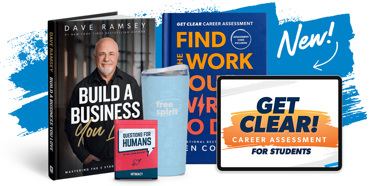 Image of the books, "Build a Business You Love" by Dave Ramsey and "Get Clear Career Assessment Find the Work You're Wired to Do Student Edition" by Ken Coleman; a deck of Questions for Humans: Intimacy and the "Free Spirit" light blue tumbler