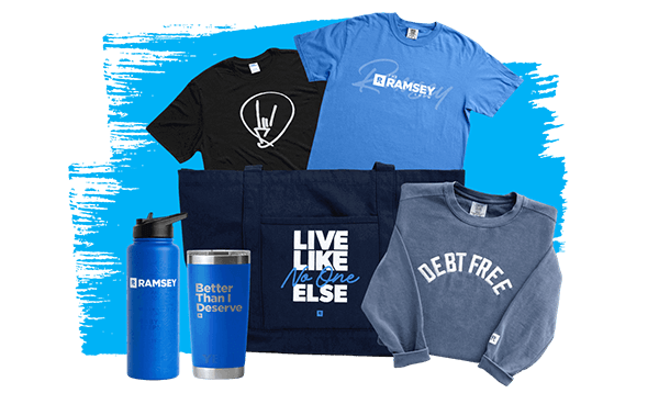 Merch and apparel from the Ramsey Store: inspirational tees, a bold “Debt Free” sweatshirt, drinkware, and a navy tote that reads “Live Like No One Else.