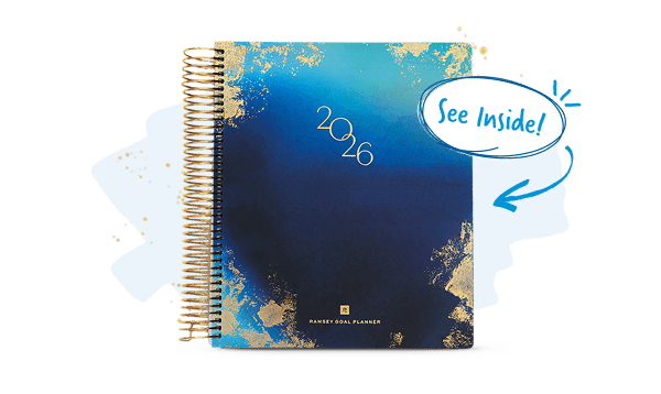 Elegant blue and gold 2026 Ramsey Goal Planner with spiral binding and “See Inside!” callout.
