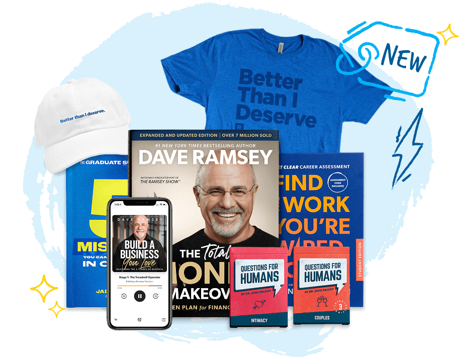 New books, Questions for Humans cards, and Ramsey merch, featuring The Total Money Makeover and “Better Than I Deserve” apparel.