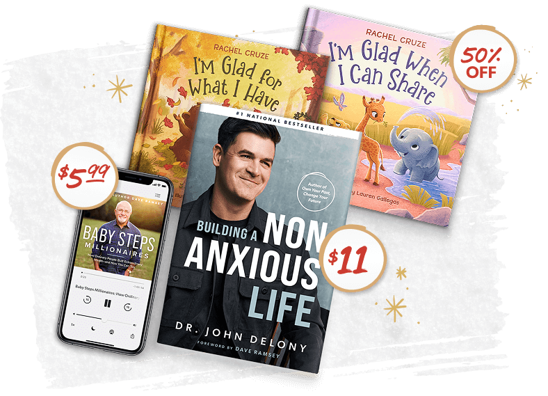 Black Friday One-Day Sale showing Dr. John Delony’s bestselling book, Building a Non-Anxious Life, for $11, Rachel Cruze’s children’s books at half off, and the Baby Steps Millionaires audiobook deal for $5.99.