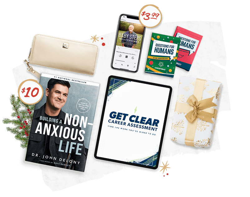 Building a Non-Anxious Life for $10, Get Clear Career Assessment on a tablet, two Questions for Humans card decks, a Baby Steps Millionaires audiobook on a phone for $3.99, and a cream Rachel Cruze Wallet