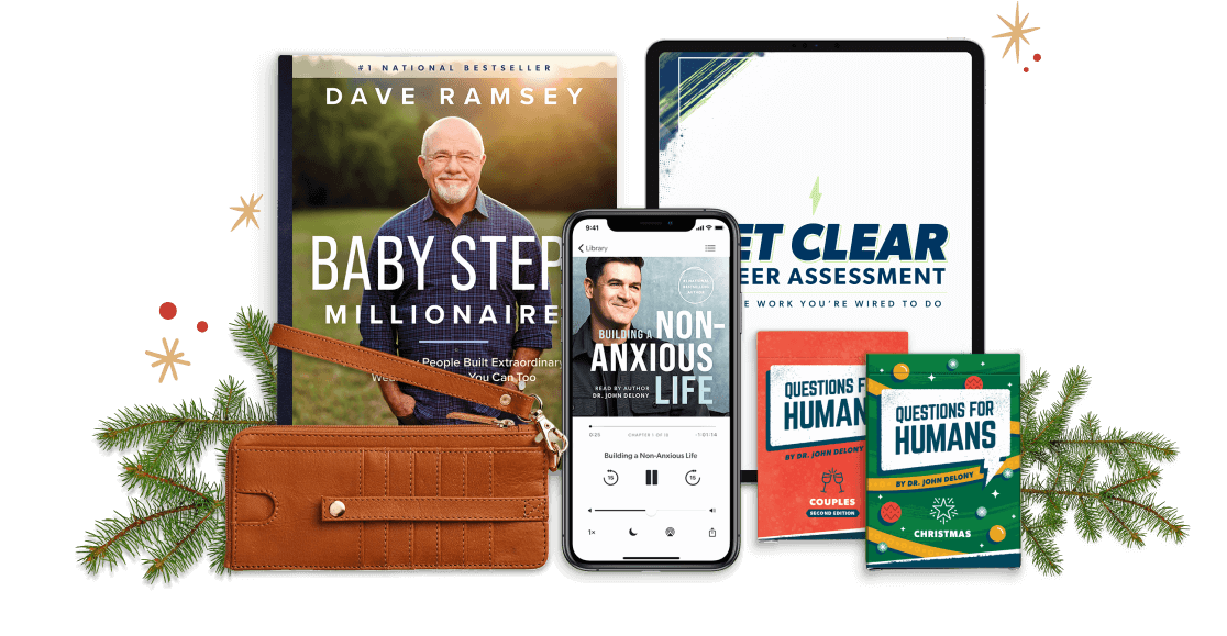 Ramsey products, including Baby Steps Millionaires, Building a Non-Anxious Life audiobook, Get Clear Career Assessment, two Questions for Humans decks, and a tan Rachel Cruze Wallet
