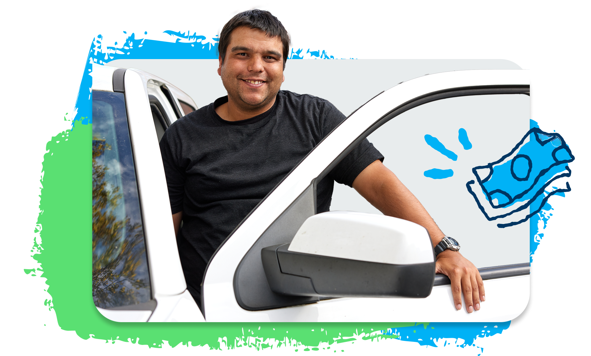 Couple holding phones talking about budgeting tips.