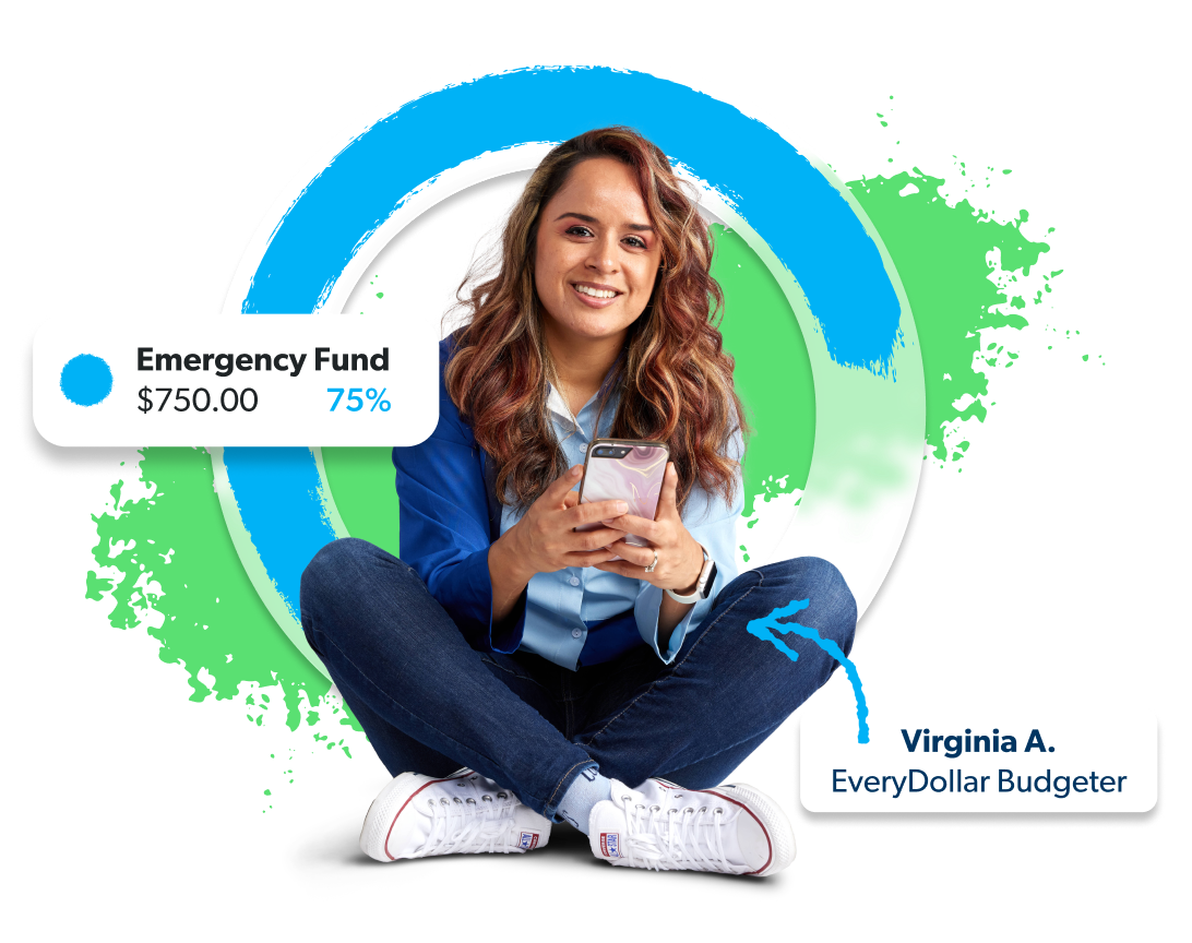 A young woman sitting, holding a phone. Saving for an emergency fund.