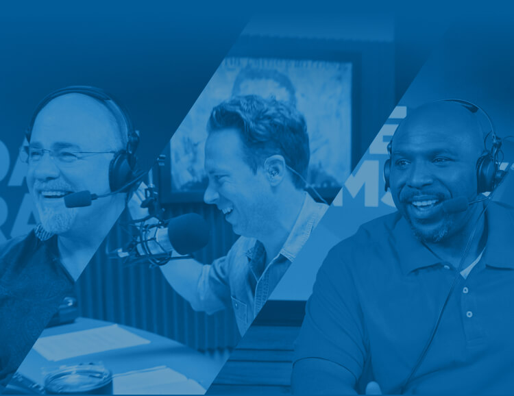 Dave Ramsey, Ken Coleman, and Chris Hogan speaking into mics and headsets.